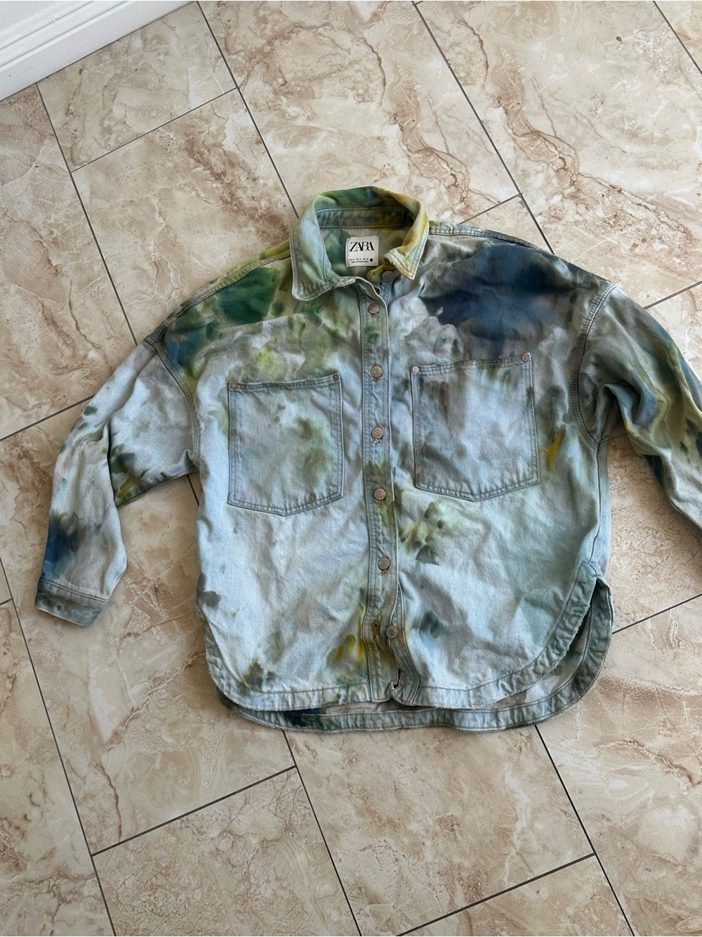 Zara Tie-Dye Denim Jacket in Green & Blue - Picture 6 of 12